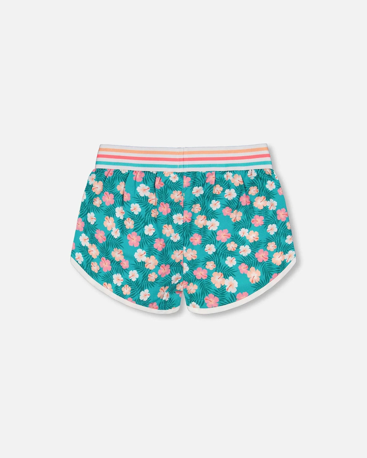 Deux Par Deux - Striped Waist Viscose Short Turquoise Printed/Short Turquoise Imprimé Petit Hibiscus En Viscose Avec Taille Rayée