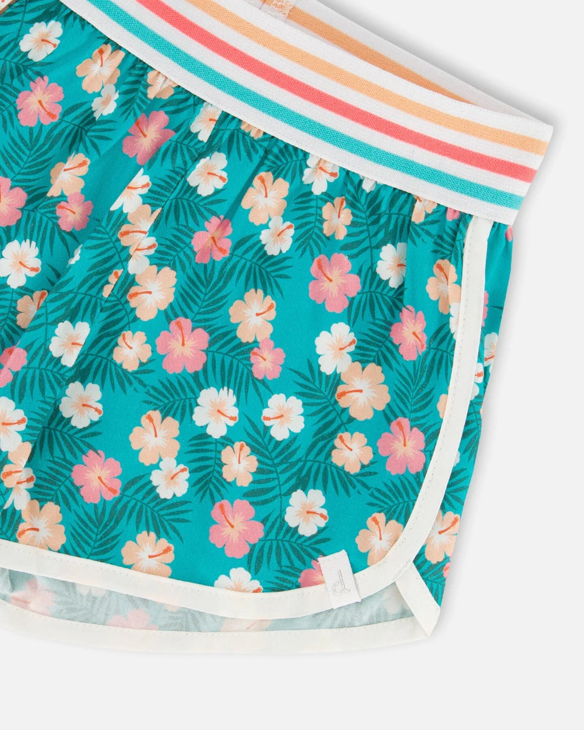 Deux Par Deux - Striped Waist Viscose Short Turquoise Printed/Short Turquoise Imprimé Petit Hibiscus En Viscose Avec Taille Rayée