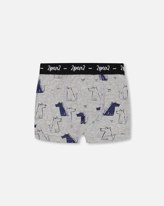 Deux Par Deux - Organic Cotton Boxer Short Grey Mix Printed Dogs/Boxer Court Gris Mixte Imprimé De Chiens En Coton Biologique