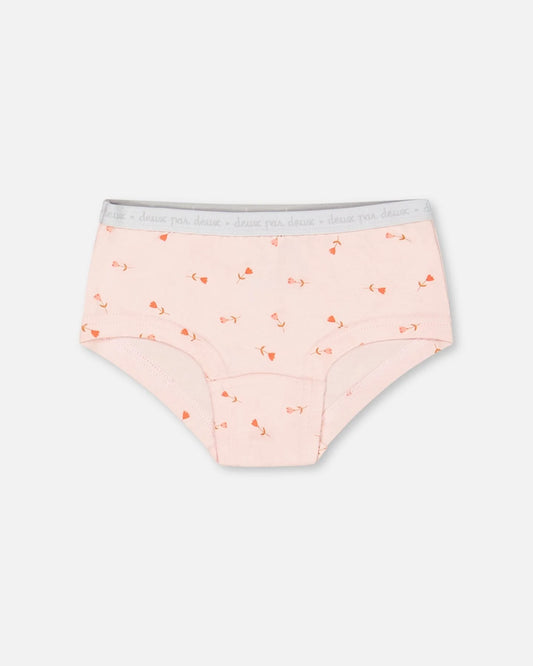 Deux Par Deux - Organic Cotton Boyshort Pantie Pink Printed Flowers/Culotte Garçonne Rose Imprimée De Fleurs En Coton Biologique