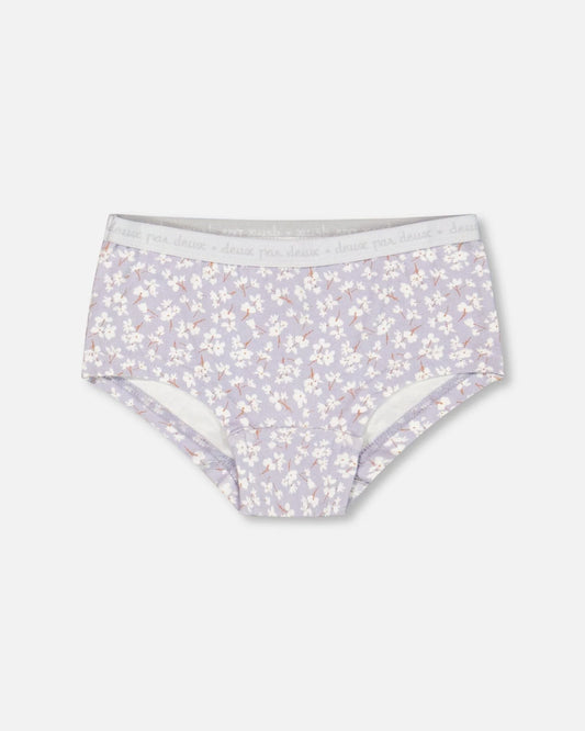 Deux Par Deux - Organic Cotton Boyshort Pantie Lilac Printed Little Flowers/Culotte Garçonne Lilas Imprimée De Petites Fleurs En Coton Biologique