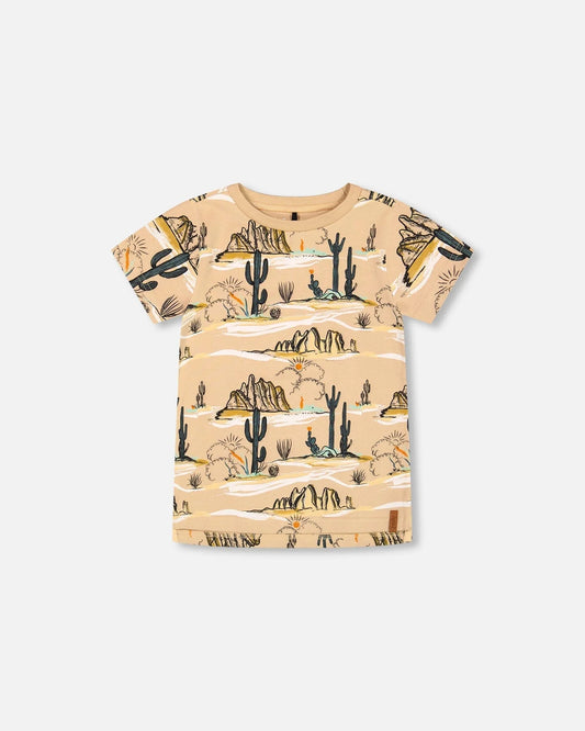 Deux Par Deux - Organic Cotton Printed T-Shirt Beige/T-Shirt Avec Imprimé Graphique Beige En Coton Biologique