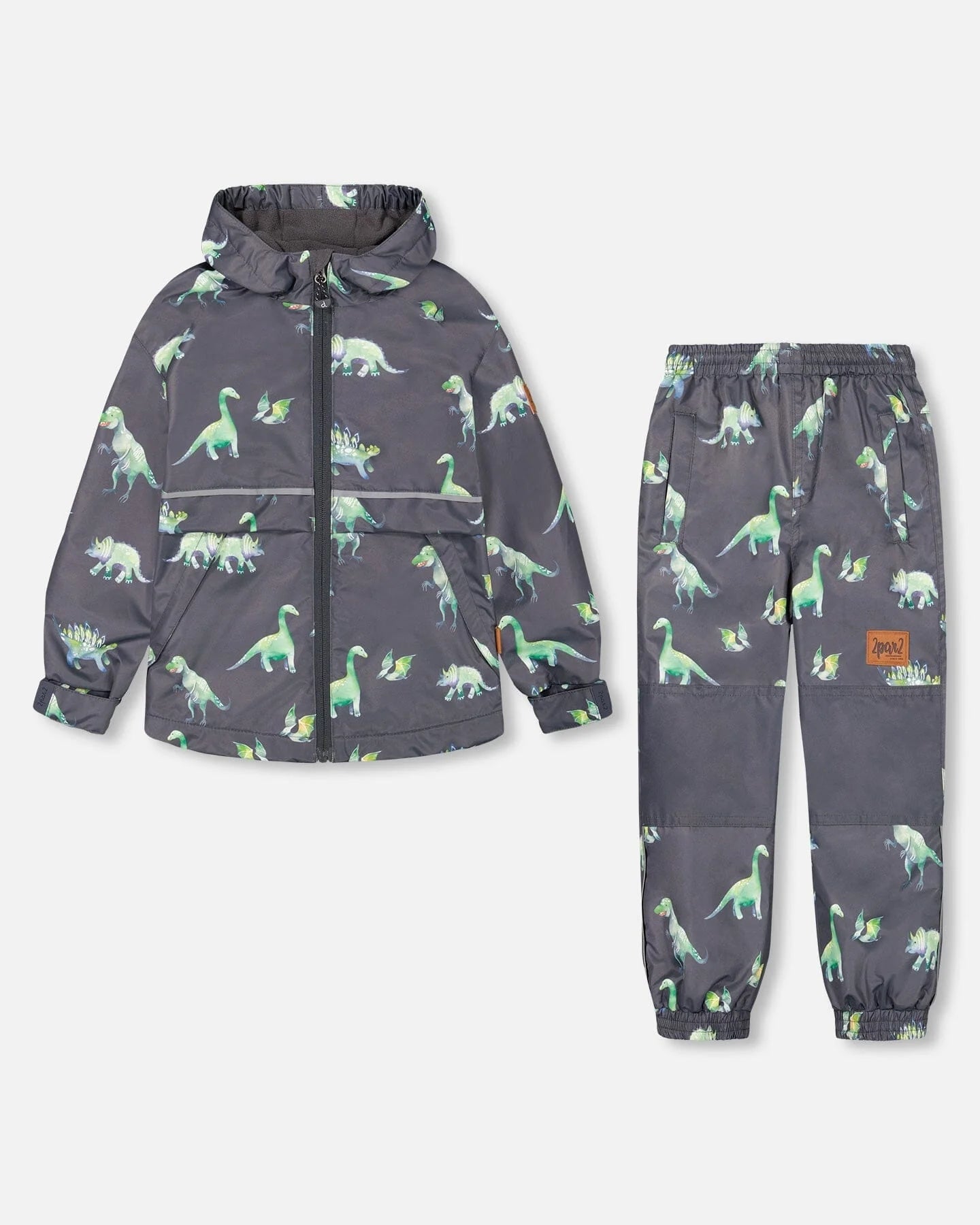 Deux Par Deux - Two Piece Hooded Coat And Pant Mid-Season Set Grey Printed Dinosaurs/Ensemble Deux Pièces Mi-Saison Avec Manteau À Capuche Et Pantalon Gris Imprimé Dinosaures