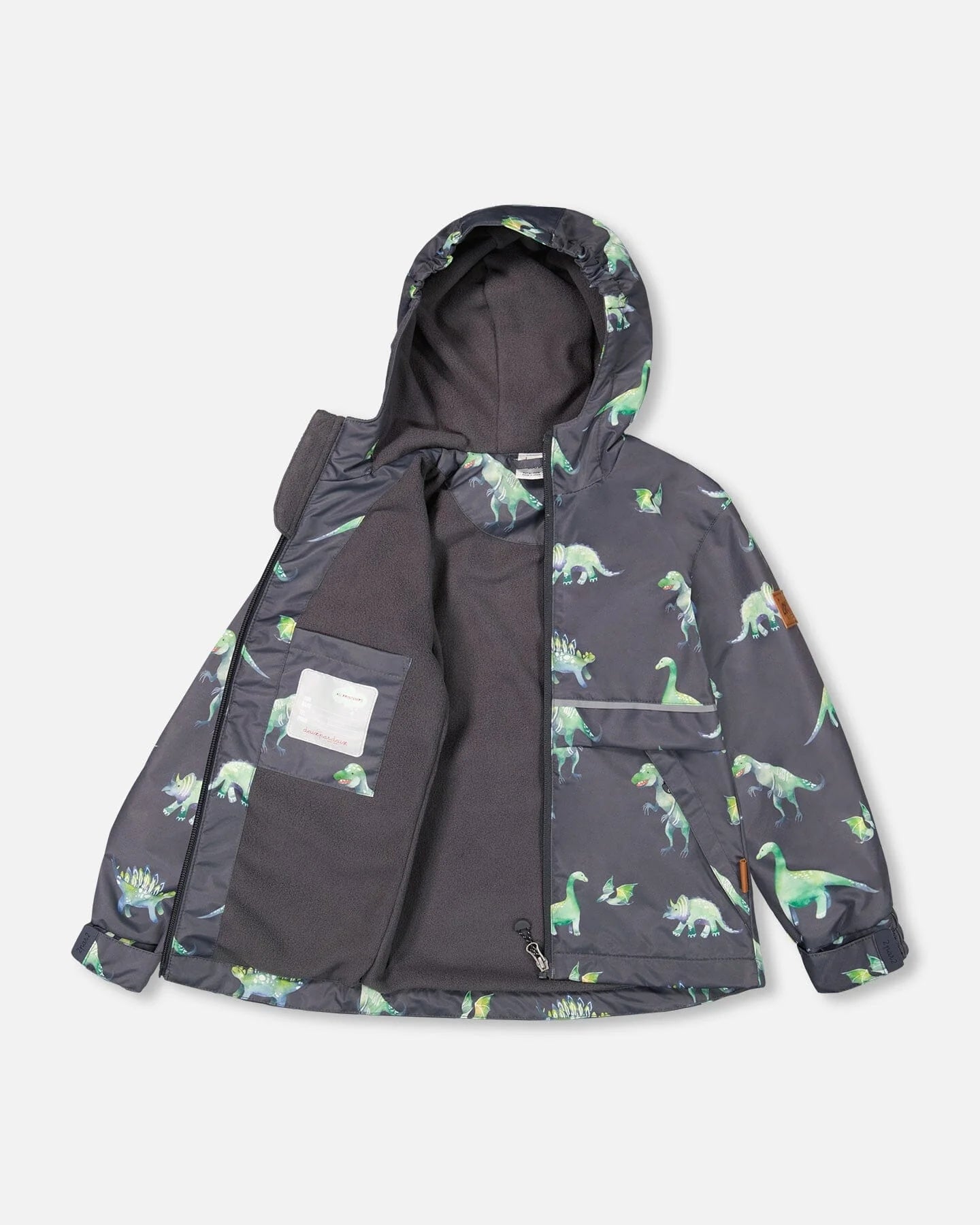 Deux Par Deux - Two Piece Hooded Coat And Pant Mid-Season Set Grey Printed Dinosaurs/Ensemble Deux Pièces Mi-Saison Avec Manteau À Capuche Et Pantalon Gris Imprimé Dinosaures