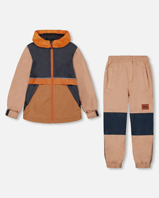 Deux Par Deux - Two Piece Hooded Coat And Pant Mid-Season Set Colorblock Beige, Grey And Orange/Ensemble deux pièces mi-saison avec manteau à capuche et pantalon blocs de couleurs beige, gris et orange