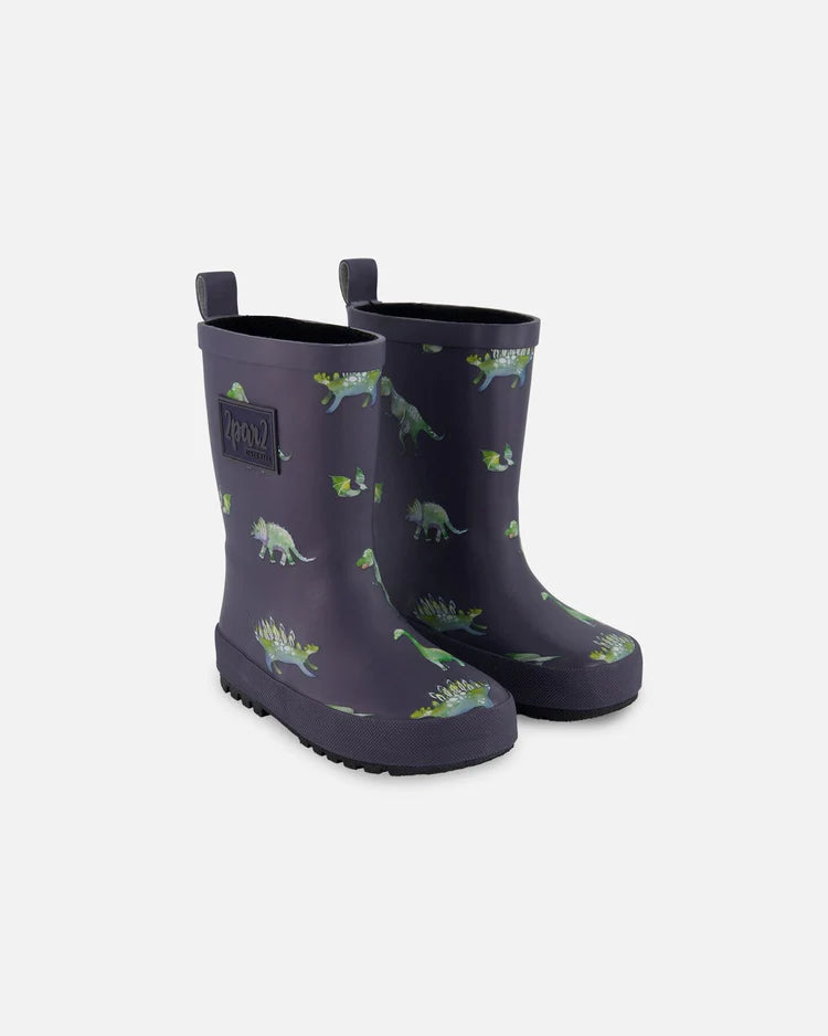 Deux Par Deux - Rain Boots Grey Printed Dinosaurs/Bottes de pluie grises avec imprimé dinosaures