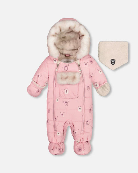 Deux Par Deux - One Piece Baby Snowsuit Pink Bears Designed For Car Seat/Habit de neige une-pièce rose imprimé d'ours pour sièges d'auto et poussettes