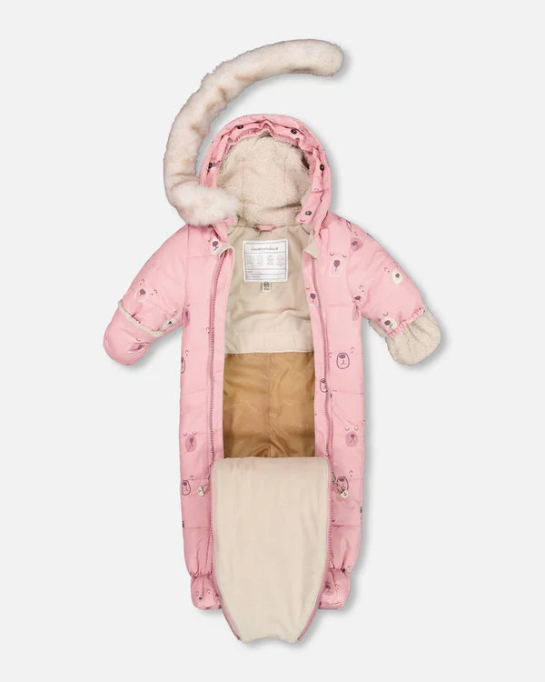 Deux Par Deux - One Piece Baby Snowsuit Pink Bears Designed For Car Seat/Habit de neige une-pièce rose imprimé d'ours pour sièges d'auto et poussettes