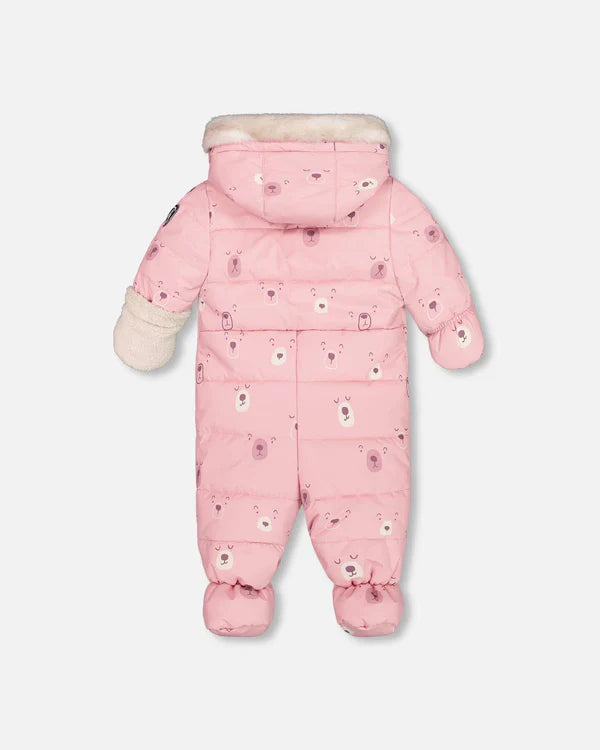 Deux Par Deux - One Piece Baby Snowsuit Pink Bears Designed For Car Seat/Habit de neige une-pièce rose imprimé d'ours pour sièges d'auto et poussettes