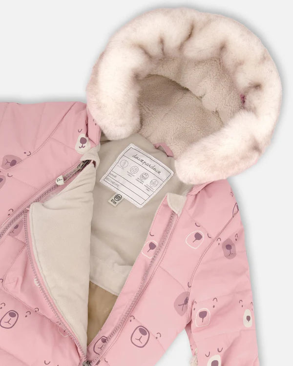 Deux Par Deux - One Piece Baby Snowsuit Pink Bears Designed For Car Seat/Habit de neige une-pièce rose imprimé d'ours pour sièges d'auto et poussettes