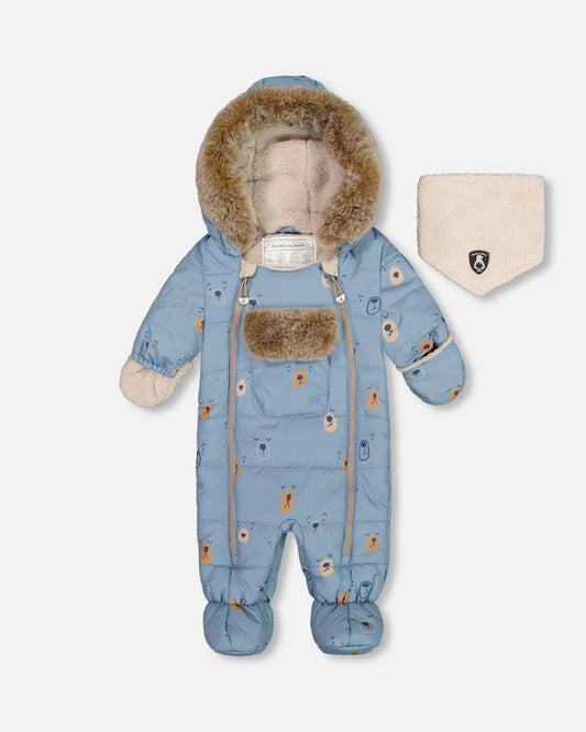 Deux Par Deux - One Piece Baby Snowsuit Blue Bears Designed For Car Seat/Habit de neige une-pièce bleue imprimé d'ours pour sièges d'auto et poussettes