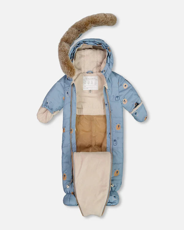 Deux Par Deux - One Piece Baby Snowsuit Blue Bears Designed For Car Seat/Habit de neige une-pièce bleue imprimé d'ours pour sièges d'auto et poussettes