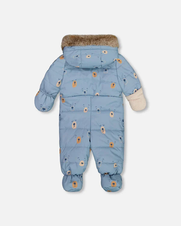 Deux Par Deux - One Piece Baby Snowsuit Blue Bears Designed For Car Seat/Habit de neige une-pièce bleue imprimé d'ours pour sièges d'auto et poussettes