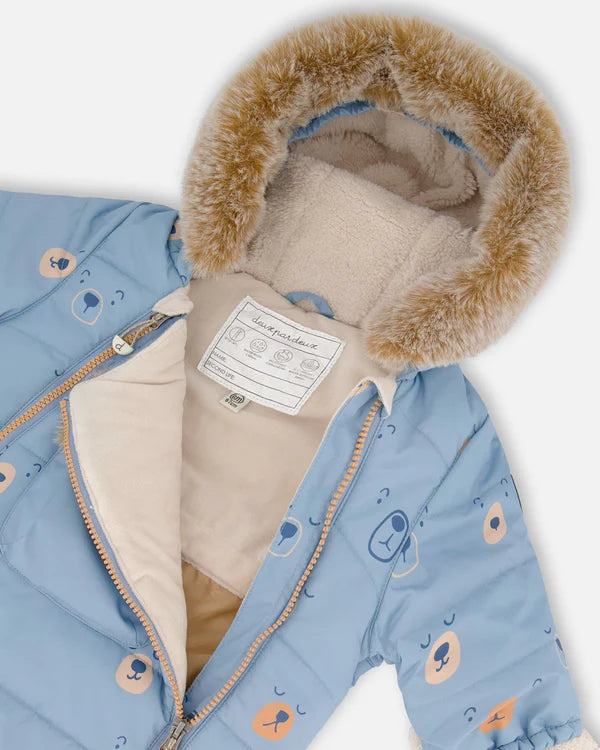 Deux Par Deux - One Piece Baby Snowsuit Blue Bears Designed For Car Seat/Habit de neige une-pièce bleue imprimé d'ours pour sièges d'auto et poussettes