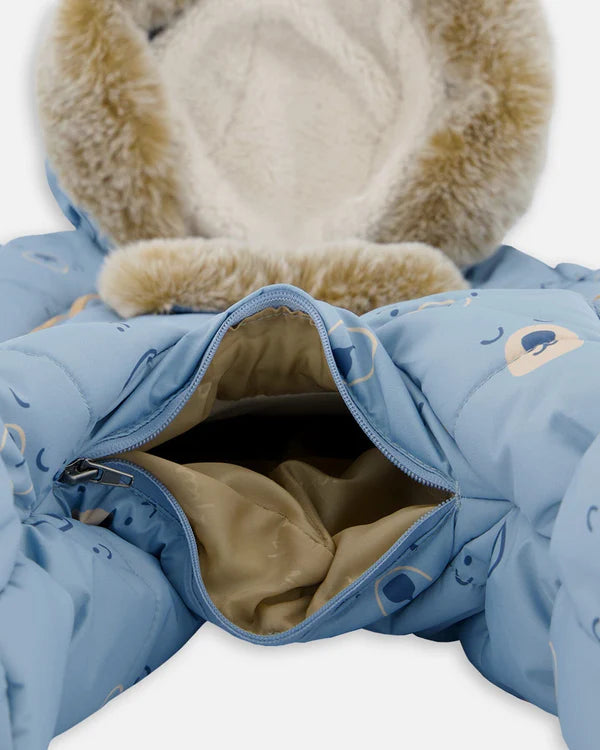 Deux Par Deux - One Piece Baby Snowsuit Blue Bears Designed For Car Seat/Habit de neige une-pièce bleue imprimé d'ours pour sièges d'auto et poussettes