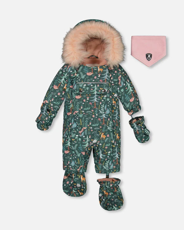 Deux Par Deux - One Piece Baby Snowsuit Sage Printed Woodland Animals Designed For Car Seat/Combinaison une-pièce sauge imprimé animaux de la forêt pour siège d'auto