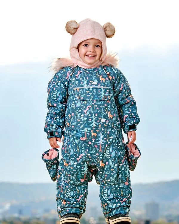 Deux Par Deux - One Piece Baby Snowsuit Sage Printed Woodland Animals Designed For Car Seat/Combinaison une-pièce sauge imprimé animaux de la forêt pour siège d'auto