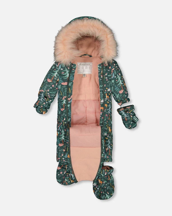 Deux Par Deux - One Piece Baby Snowsuit Sage Printed Woodland Animals Designed For Car Seat/Combinaison une-pièce sauge imprimé animaux de la forêt pour siège d'auto