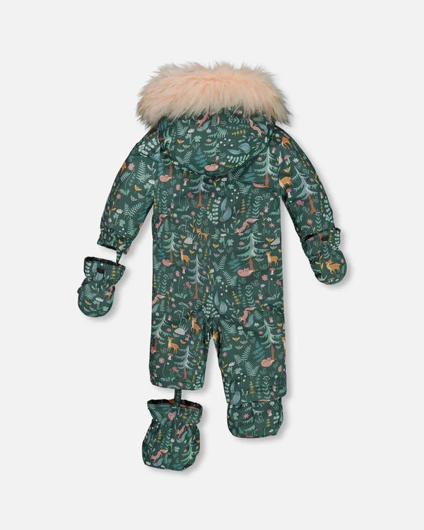 Deux Par Deux - One Piece Baby Snowsuit Sage Printed Woodland Animals Designed For Car Seat/Combinaison une-pièce sauge imprimé animaux de la forêt pour siège d'auto