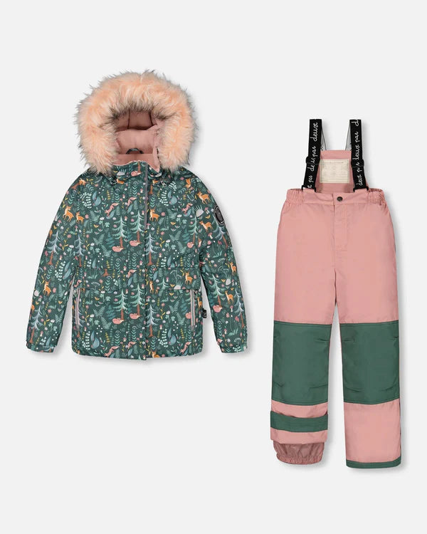 Deux Par Deux - Two Piece Snowsuit Silver Pink Printed Woodland Animals/Habit de neige 2-pièces imprimé animaux de la forêt et rose argenté