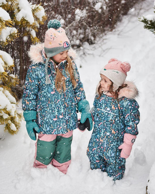 Deux Par Deux - Two Piece Snowsuit Silver Pink Printed Woodland Animals/Habit de neige 2-pièces imprimé animaux de la forêt et rose argenté