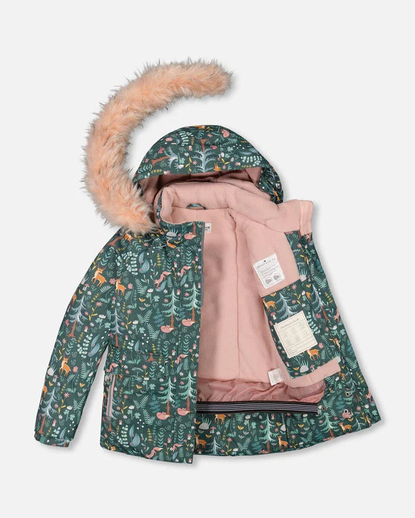 Deux Par Deux - Two Piece Snowsuit Silver Pink Printed Woodland Animals/Habit de neige 2-pièces imprimé animaux de la forêt et rose argenté