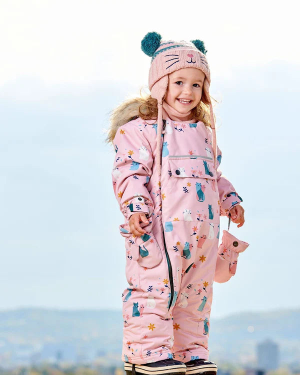 Deux Par Deux - One Piece Baby Snowsuit Light Pink Printed Cats Designed For Car Seat/Combinaison une-pièce rose pâle imprimé chats pour siège d'auto