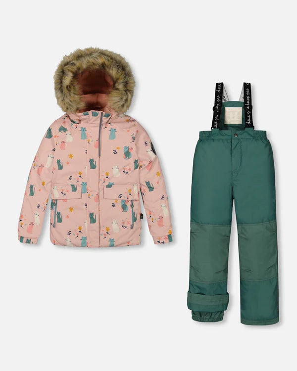 Deux Par Deux - Two Piece Snowsuit Sage Green Printed Cats/Habit de neige 2-pièces imprimé chats et sauge