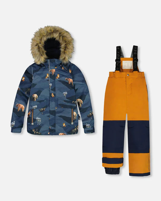 Deux Par Deux - Two Piece Snowsuit Ochre And Navy Printed Mountains Animals/Habit de neige 2-pièces ocre et bleu marine imprimé animaux de montagne