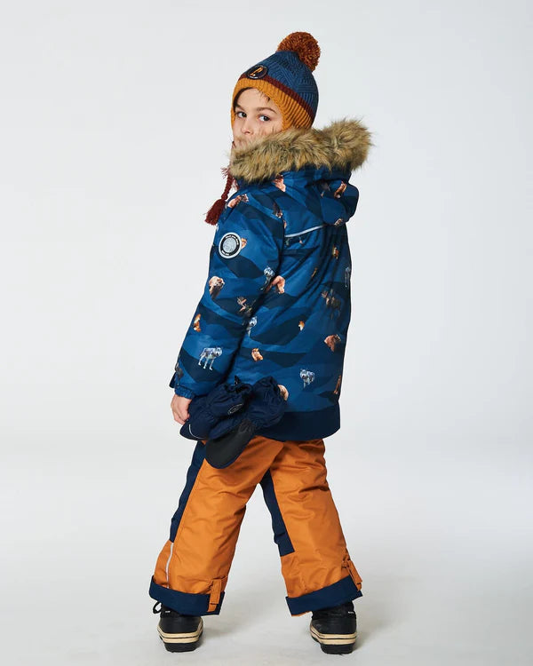 Deux Par Deux - Two Piece Snowsuit Ochre And Navy Printed Mountains Animals/Habit de neige 2-pièces ocre et bleu marine imprimé animaux de montagne