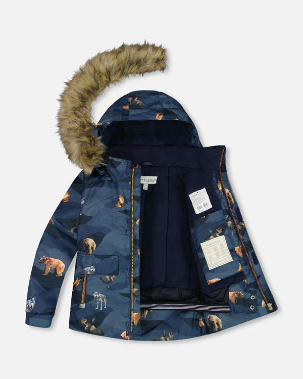 Deux Par Deux - Two Piece Snowsuit Ochre And Navy Printed Mountains Animals/Habit de neige 2-pièces ocre et bleu marine imprimé animaux de montagne