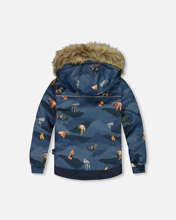 Deux Par Deux - Two Piece Snowsuit Ochre And Navy Printed Mountains Animals/Habit de neige 2-pièces ocre et bleu marine imprimé animaux de montagne