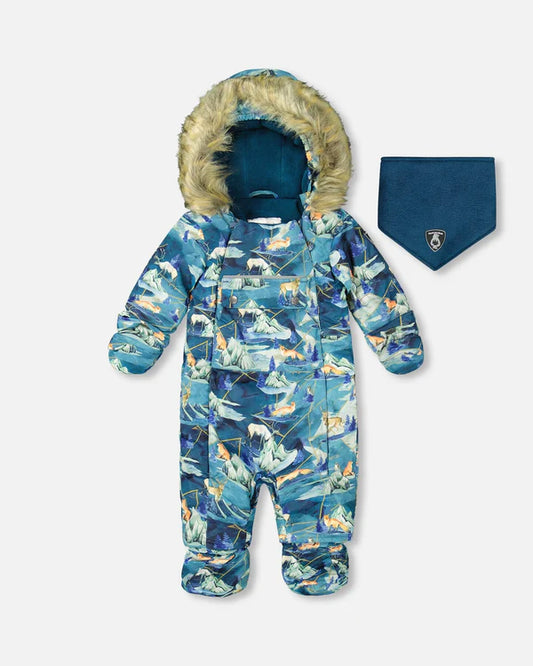 Deux Par Deux - One Piece Baby Snowsuit Blue Printed Animals And Glaciers Designed For Car Seat/Combinaison une-pièce bleu imprimé animaux et glaciers pour siège d'auto