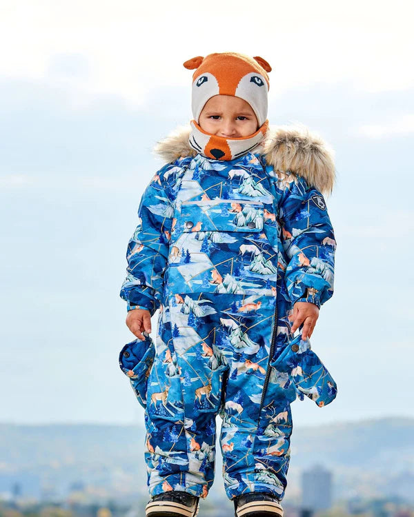 Deux Par Deux - One Piece Baby Snowsuit Blue Printed Animals And Glaciers Designed For Car Seat/Combinaison une-pièce bleu imprimé animaux et glaciers pour siège d'auto