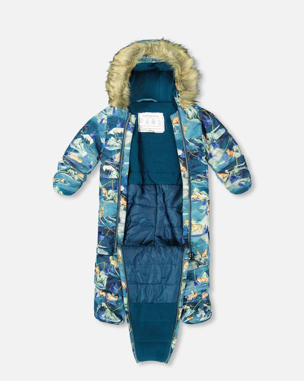 Deux Par Deux - One Piece Baby Snowsuit Blue Printed Animals And Glaciers Designed For Car Seat/Combinaison une-pièce bleu imprimé animaux et glaciers pour siège d'auto