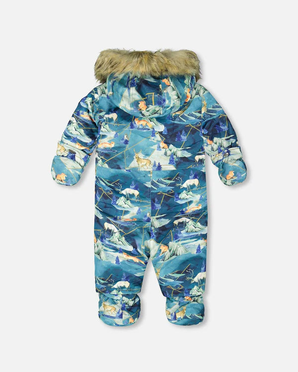 Deux Par Deux - One Piece Baby Snowsuit Blue Printed Animals And Glaciers Designed For Car Seat/Combinaison une-pièce bleu imprimé animaux et glaciers pour siège d'auto