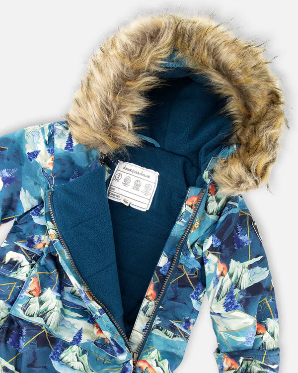 Deux Par Deux - One Piece Baby Snowsuit Blue Printed Animals And Glaciers Designed For Car Seat/Combinaison une-pièce bleu imprimé animaux et glaciers pour siège d'auto