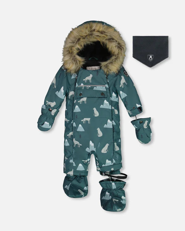 Deux Par Deux - One Piece Baby Snowsuit Sage Printed Wolves Designed For Car Seat/Habit de neige une-pièce pour bébé sauge imprimé loups conçue pour siège d'auto