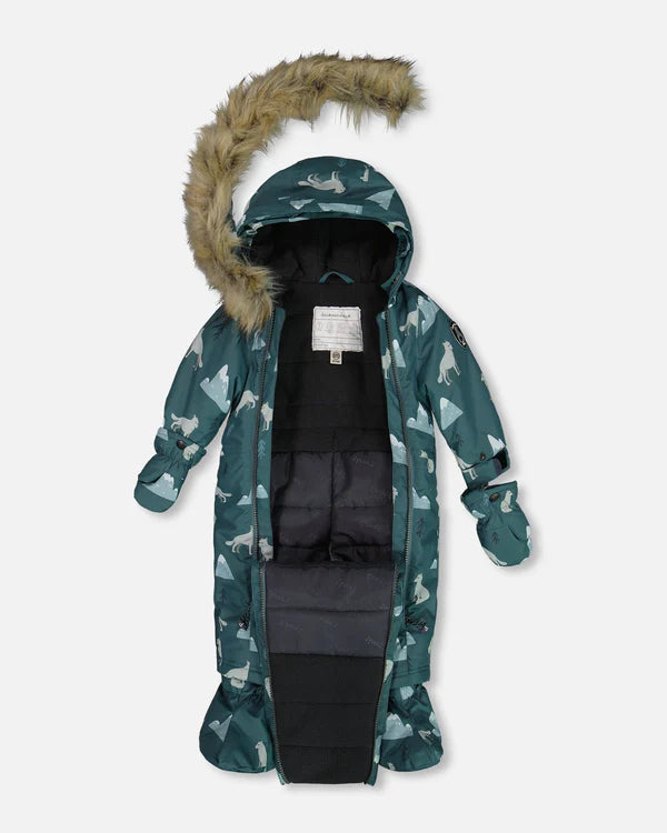 Deux Par Deux - One Piece Baby Snowsuit Sage Printed Wolves Designed For Car Seat/Habit de neige une-pièce pour bébé sauge imprimé loups conçue pour siège d'auto