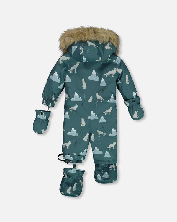 Deux Par Deux - One Piece Baby Snowsuit Sage Printed Wolves Designed For Car Seat/Habit de neige une-pièce pour bébé sauge imprimé loups conçue pour siège d'auto