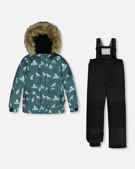 Deux Par Deux - Two Piece Snowsuit Sage Printed Wolves And Black/Habit de neige 2-pièces sauge imprimé loups et pantalon noir