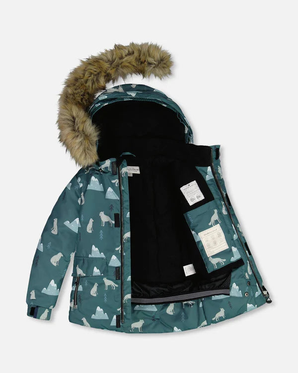 Deux Par Deux - Two Piece Snowsuit Sage Printed Wolves And Black/Habit de neige 2-pièces sauge imprimé loups et pantalon noir