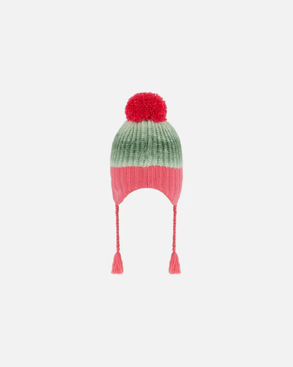 Deux Par Deux - Peruvian Knit Hat Pink And Gradient Green/Bonnet péruvien en tricot rose et dégradé de vert