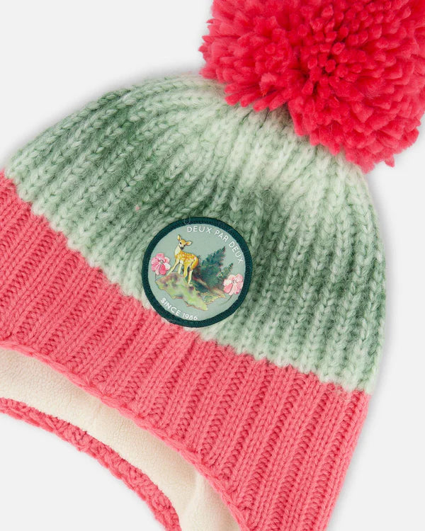 Deux Par Deux - Peruvian Knit Hat Pink And Gradient Green/Bonnet péruvien en tricot rose et dégradé de vert