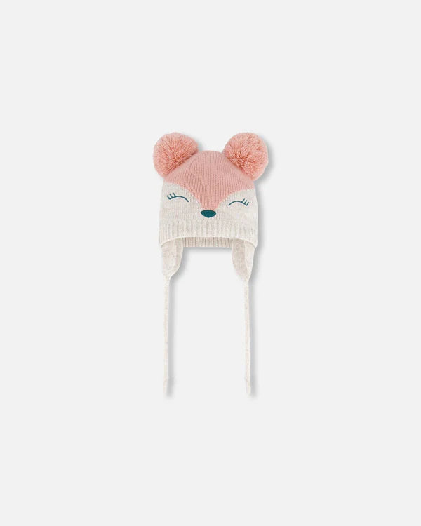 Deux Par Deux - Knit Hat With Ears Light Pink Deer Face/Bonnet en tricot rose pâle avec oreilles et tête de cerf