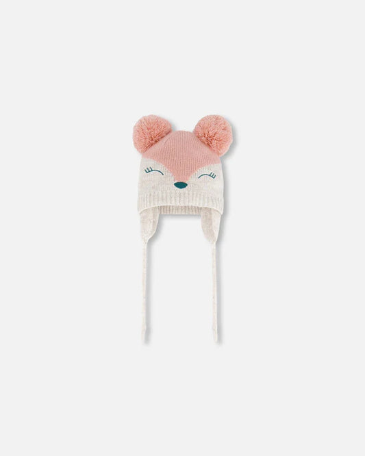 Deux Par Deux - Knit Hat With Ears Light Pink Deer Face/Bonnet en tricot rose pâle avec oreilles et tête de cerf