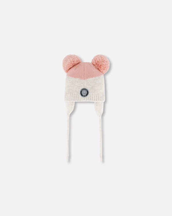 Deux Par Deux - Knit Hat With Ears Light Pink Deer Face/Bonnet en tricot rose pâle avec oreilles et tête de cerf