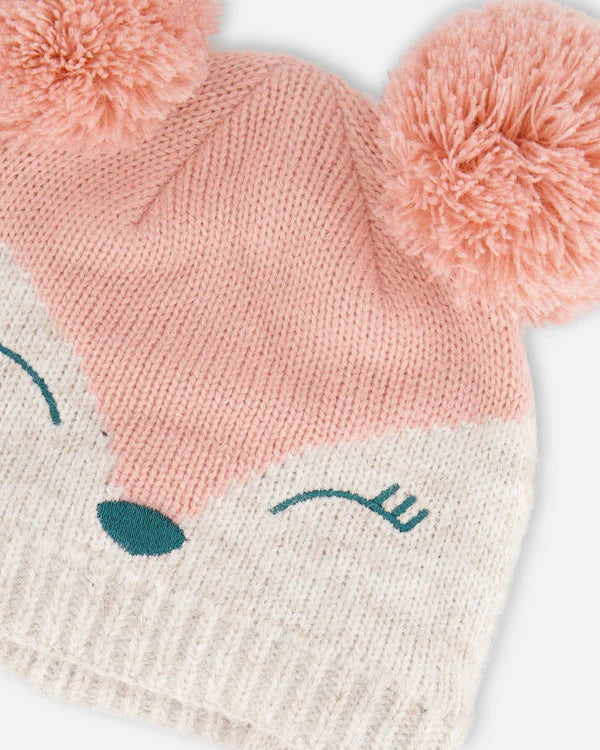 Deux Par Deux - Knit Hat With Ears Light Pink Deer Face/Bonnet en tricot rose pâle avec oreilles et tête de cerf