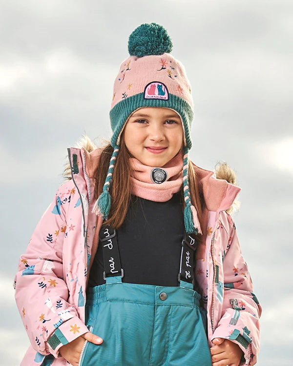 Deux Par Deux - Peruvian Knit Hat Light Pink, Sage Green And Flowers/Bonnet péruvien en tricot rose pâle et vert sauge avec fleurs