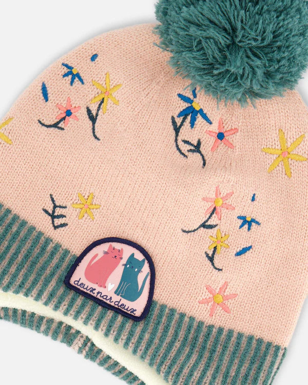 Deux Par Deux - Peruvian Knit Hat Light Pink, Sage Green And Flowers/Bonnet péruvien en tricot rose pâle et vert sauge avec fleurs